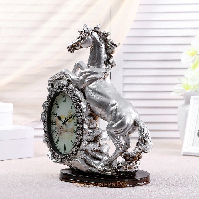 Часы настольные "Лошадь", цвет  серебро, 40х31х15 см