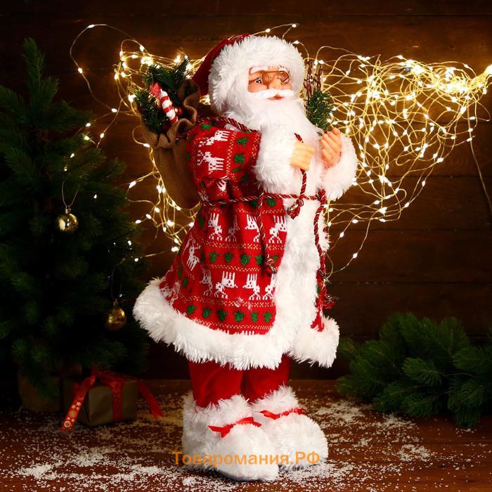 Дед Мороз "В красной шубке с оленями, с веточками" 60 см