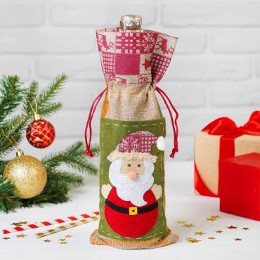 Чехол на бутылку «Дед Мороз» шапочка с рисунком, цвета МИКС
